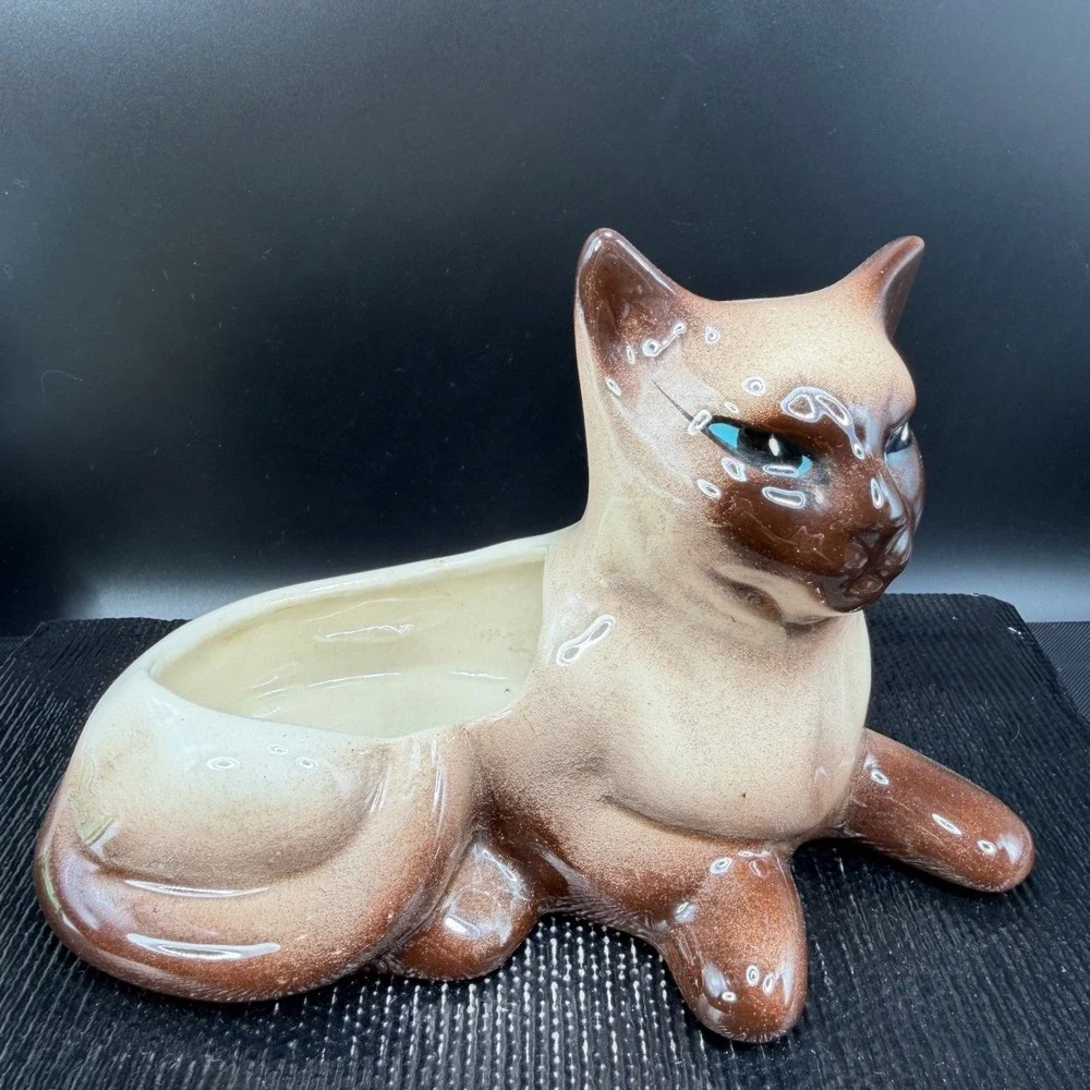 Vintage Siamese Cat Ceramic Planter Blue Eyes Mid Century Modern Figurine 9.5